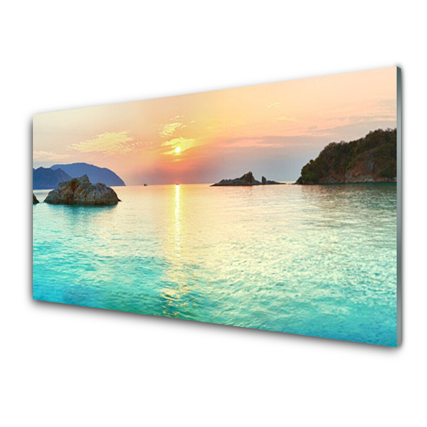 Glass Wall Art Sun sea rocks landscape yellow grey blue