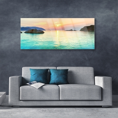 Glass Wall Art Sun sea rocks landscape yellow grey blue