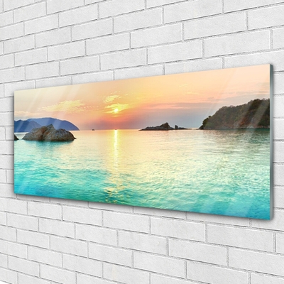 Glass Wall Art Sun sea rocks landscape yellow grey blue