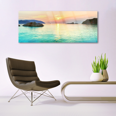 Glass Wall Art Sun sea rocks landscape yellow grey blue