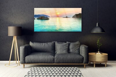 Glass Wall Art Sun sea rocks landscape yellow grey blue