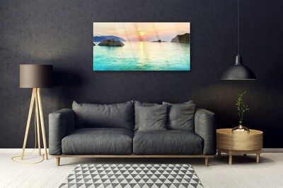 Glass Wall Art Sun sea rocks landscape yellow grey blue