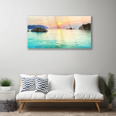 Glass Wall Art Sun sea rocks landscape yellow grey blue