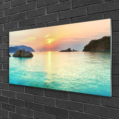 Glass Wall Art Sun sea rocks landscape yellow grey blue