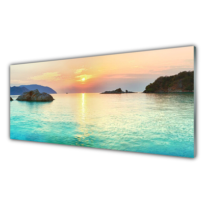 Glass Wall Art Sun sea rocks landscape yellow grey blue