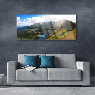 Glass Wall Art Mountain meadow landscape grey green