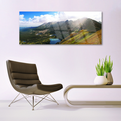 Glass Wall Art Mountain meadow landscape grey green