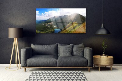 Glass Wall Art Mountain meadow landscape grey green