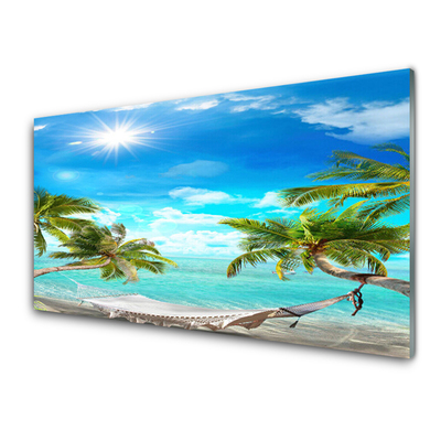 Glass Wall Art Sun sea palm hammock landscape white blue brown white