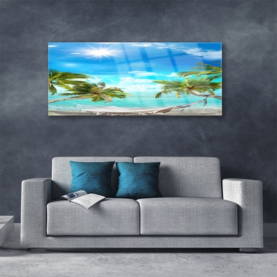 Glass Wall Art Sun sea palm hammock landscape white blue brown white