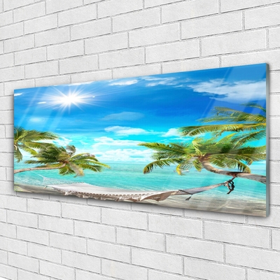 Glass Wall Art Sun sea palm hammock landscape white blue brown white