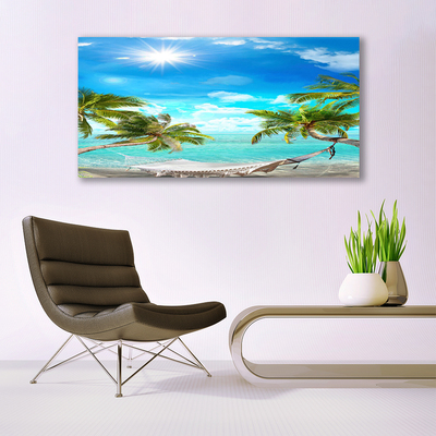 Glass Wall Art Sun sea palm hammock landscape white blue brown white