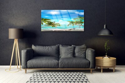 Glass Wall Art Sun sea palm hammock landscape white blue brown white