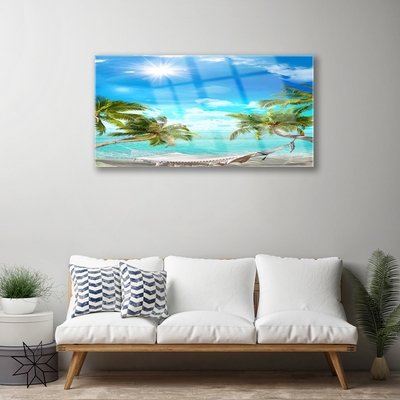 Glass Wall Art Sun sea palm hammock landscape white blue brown white