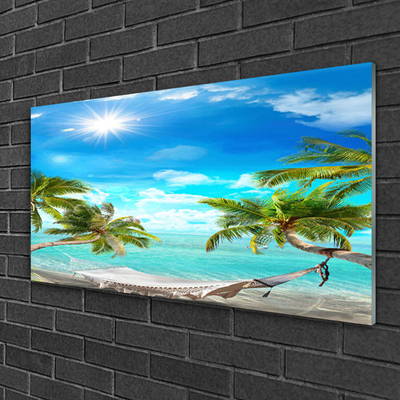 Glass Wall Art Sun sea palm hammock landscape white blue brown white