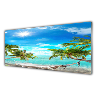 Glass Wall Art Sun sea palm hammock landscape white blue brown white