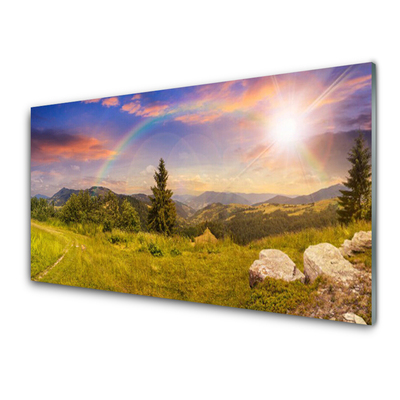 Glass Wall Art Sun mountains meadow stones nature yellow green brown