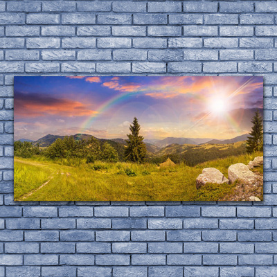 Glass Wall Art Sun mountains meadow stones nature yellow green brown