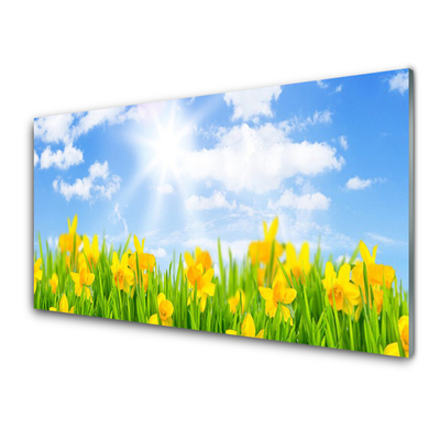 Glass Wall Art Jonquille sun floral green yellow white