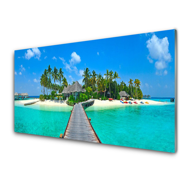 Glass Wall Art Beach palm trees bridge sea architecture brown green grey blue