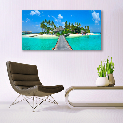 Glass Wall Art Beach palm trees bridge sea architecture brown green grey blue