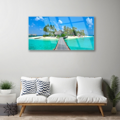 Glass Wall Art Beach palm trees bridge sea architecture brown green grey blue