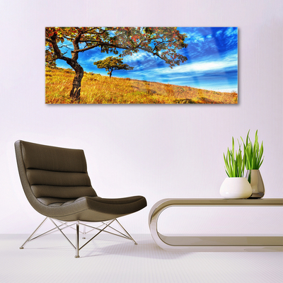 Glass Wall Art Meadow trees nature yellow brown