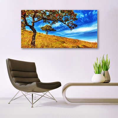 Glass Wall Art Meadow trees nature yellow brown