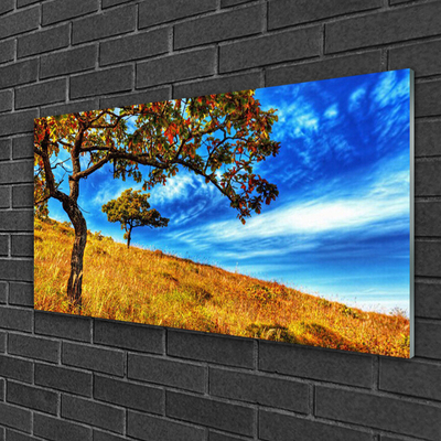 Glass Wall Art Meadow trees nature yellow brown