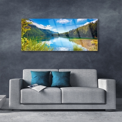 Glass Wall Art Mountain forest lake nature green blue