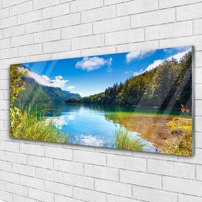 Glass Wall Art Mountain forest lake nature green blue