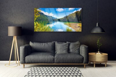 Glass Wall Art Mountain forest lake nature green blue