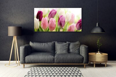 Glass Wall Art Tulips floral white red pink