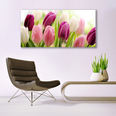 Glass Wall Art Tulips floral white red pink