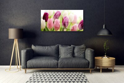 Glass Wall Art Tulips floral white red pink