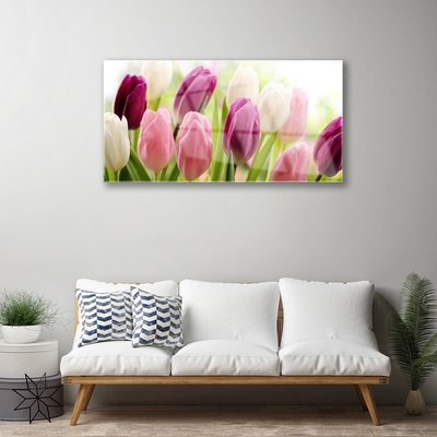 Glass Wall Art Tulips floral white red pink