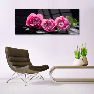 Glass Wall Art Roses stones floral red black