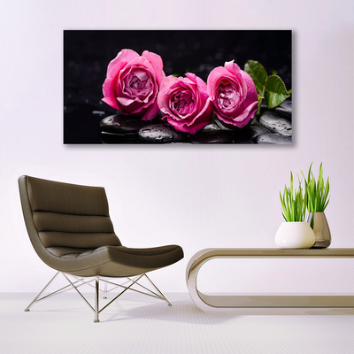 Glass Wall Art Roses stones floral red black