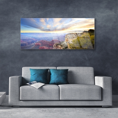 Glass Wall Art Sea mountains landscape grey green brown blue