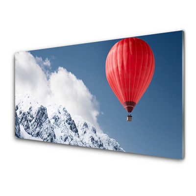 Glass Wall Art Hot air ballon mountain snow art orange grey white