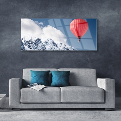 Glass Wall Art Hot air ballon mountain snow art orange grey white