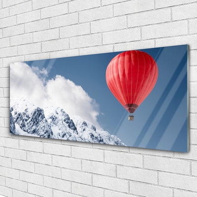 Glass Wall Art Hot air ballon mountain snow art orange grey white