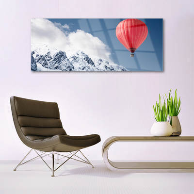 Glass Wall Art Hot air ballon mountain snow art orange grey white