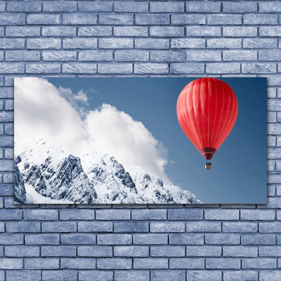 Glass Wall Art Hot air ballon mountain snow art orange grey white