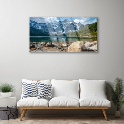 Glass Wall Art Mountain forest lake stones landscape grey green brown