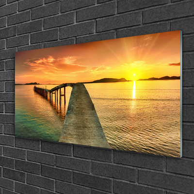 Glass Wall Art Sun sea bridge landscape yellow grey