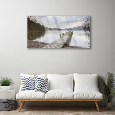 Glass Wall Art Lake forest bridge architecture green brown grey