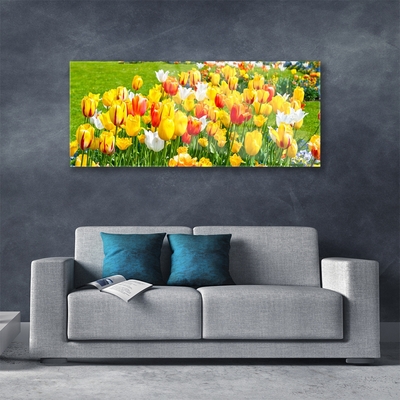 Glass Wall Art Tulips floral yellow red white