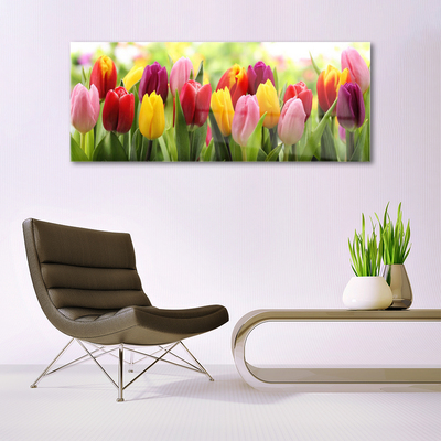 Glass Wall Art Tulips floral pink red yellow