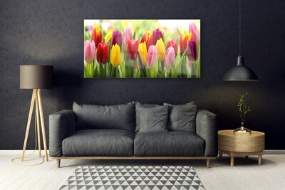 Glass Wall Art Tulips floral pink red yellow